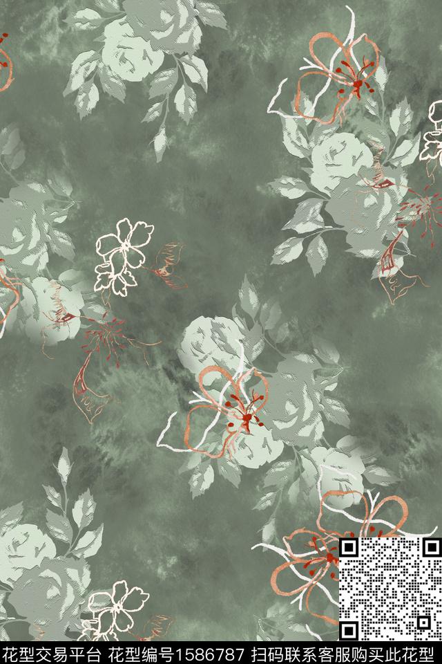 花卉跳接底纹数码印花花型下载（图片编号: 1586787） - 瓦栏（Walan）