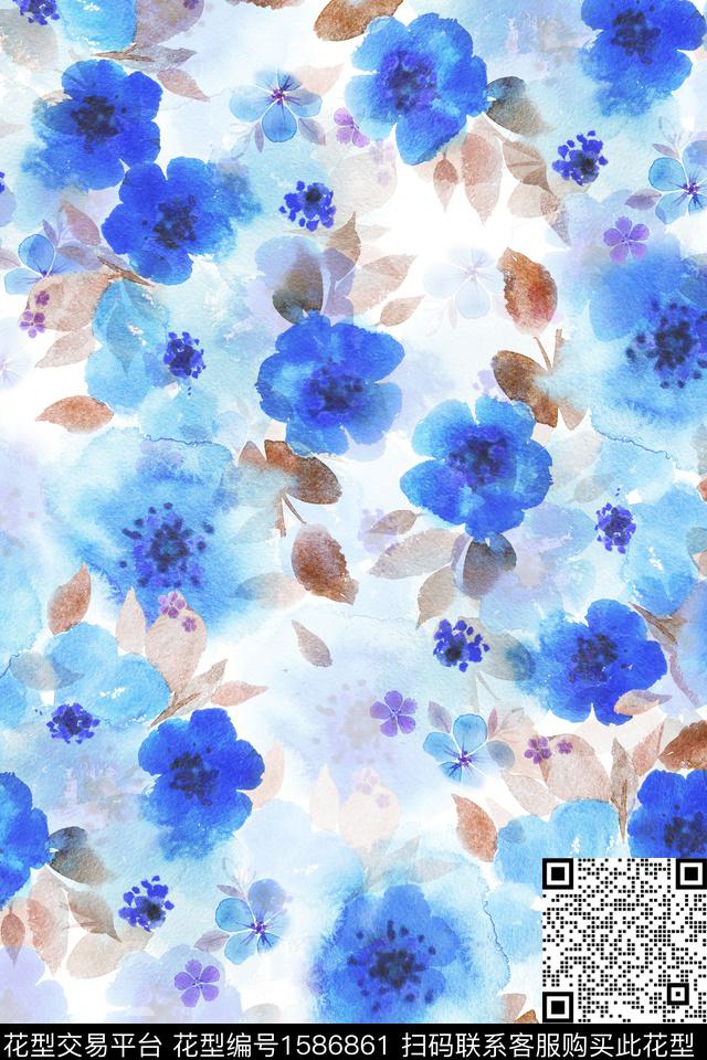 水彩花卉影花满版散花数码印花花型下载（图片编号: 1586861） - 瓦栏（Walan）