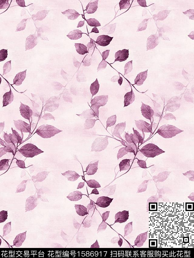 水彩影花叶子数码印花花型下载（图片编号: 1586917） - 瓦栏（Walan）