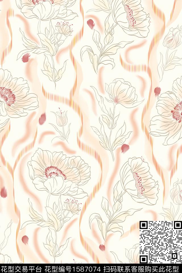 花卉笔触线条花卉数码印花花型下载（图片编号: 1587074） - 瓦栏（Walan）