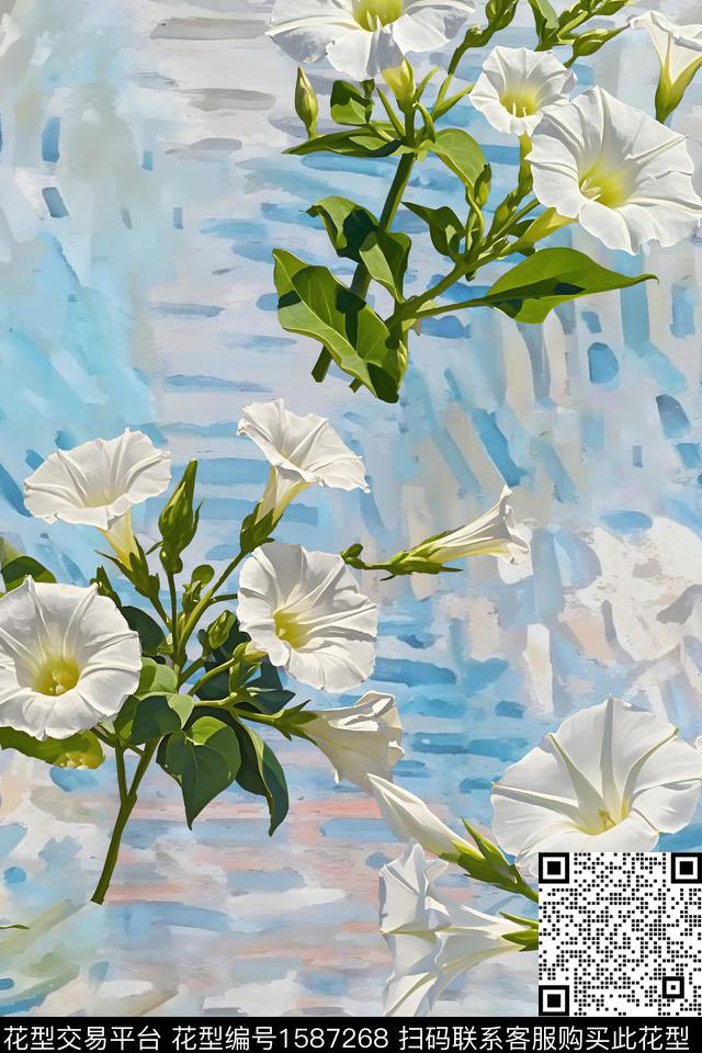 油画底纹手绘大花牵牛花数码印花花型下载（图片编号: 1587268） - 瓦栏（Walan）