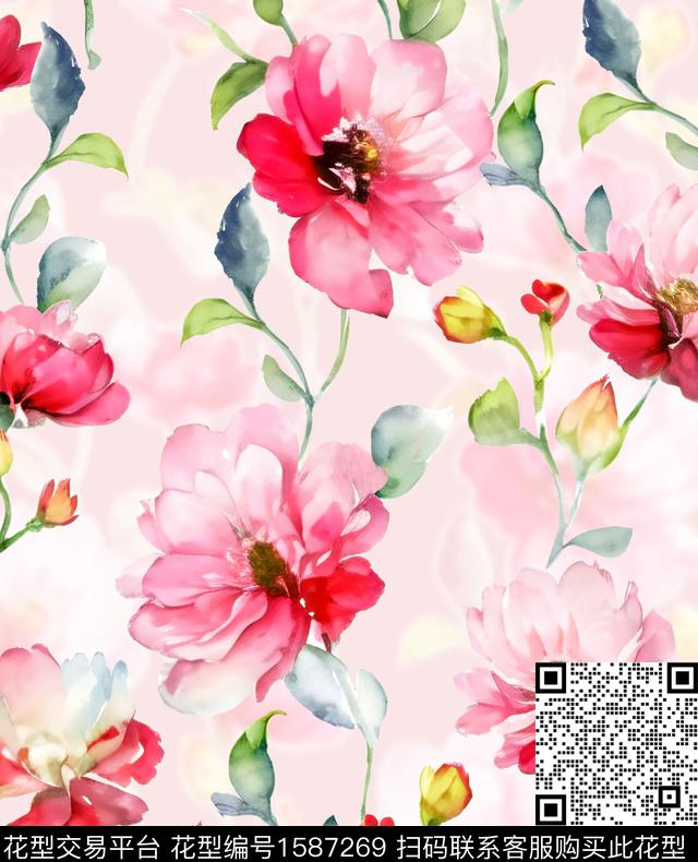 花卉水彩花卉影花数码印花花型下载（图片编号: 1587269） - 瓦栏（Walan）