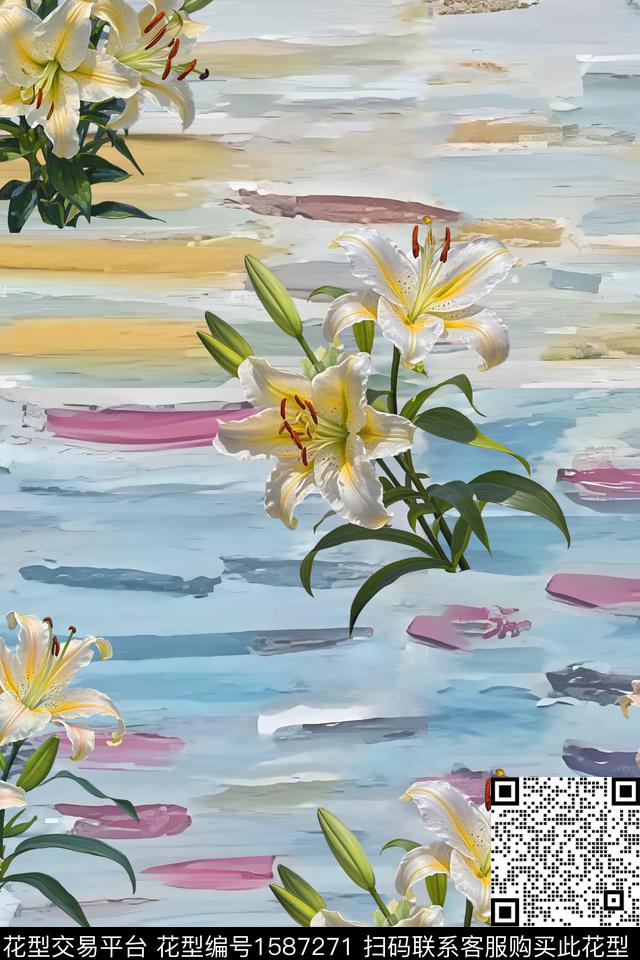 油画底纹手绘花卉百合数码印花花型下载（图片编号: 1587271） - 瓦栏（Walan）