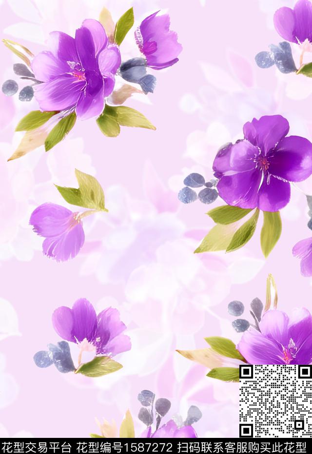 花卉水彩花卉影花数码印花花型下载（图片编号: 1587272） - 瓦栏（Walan）