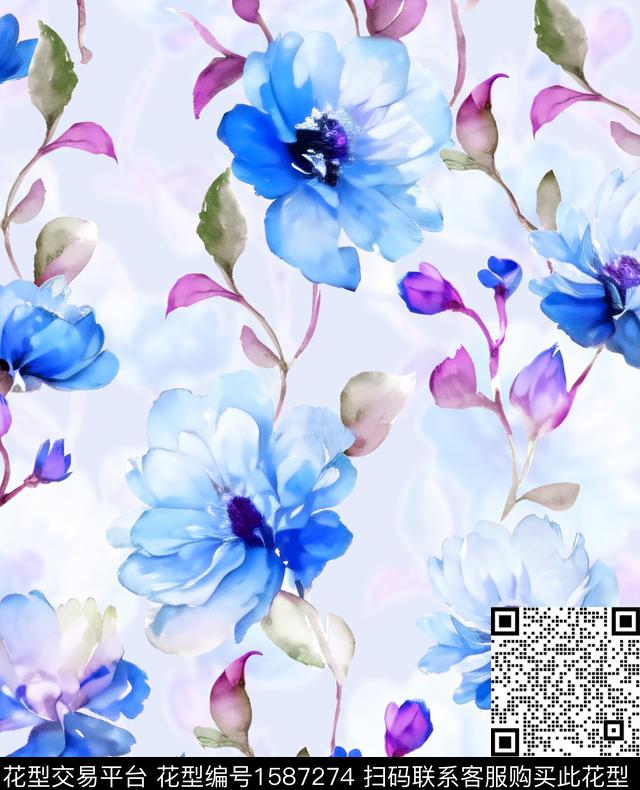 花卉大牌风手绘数码印花花型下载（图片编号: 1587274） - 瓦栏（Walan）
