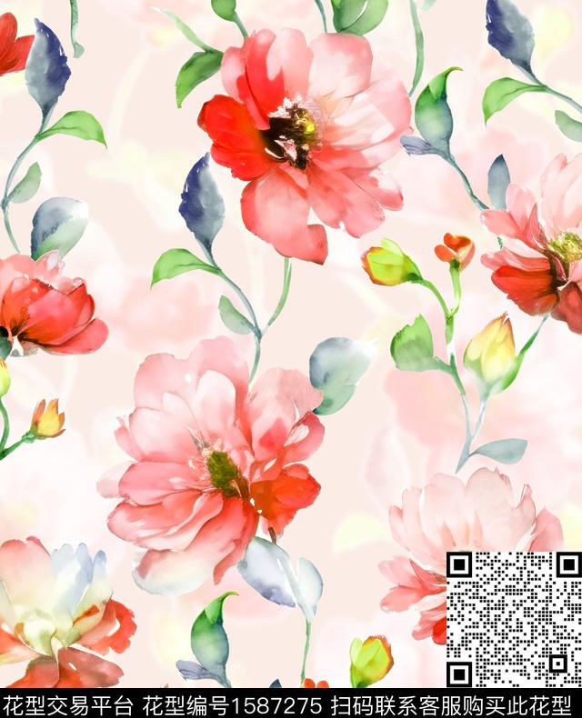花卉大牌风手绘数码印花花型下载（图片编号: 1587275） - 瓦栏（Walan）