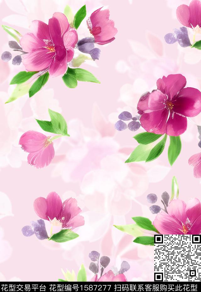花卉大牌风手绘数码印花花型下载（图片编号: 1587277） - 瓦栏（Walan）