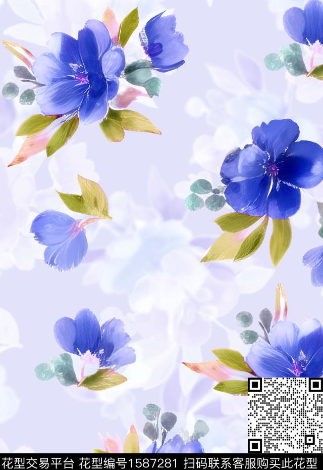 花卉大牌风手绘数码印花花型下载（图片编号: 1587281） - 瓦栏（Walan）