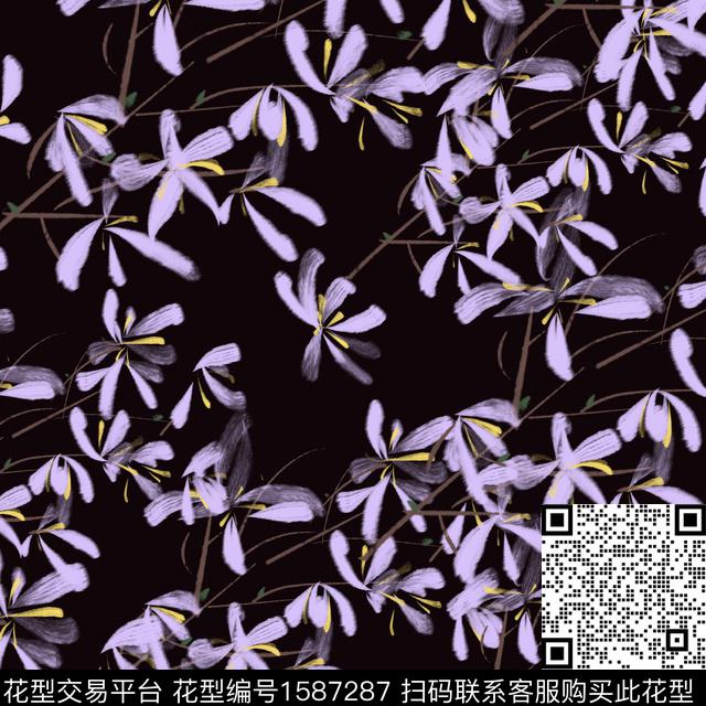 黑底花卉花卉小碎花数码印花花型下载（图片编号: 1587287） - 瓦栏（Walan）