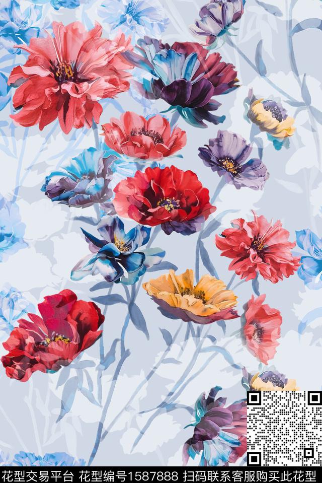 花卉水彩花卉简影数码印花花型下载（图片编号: 1587888） - 瓦栏（Walan）