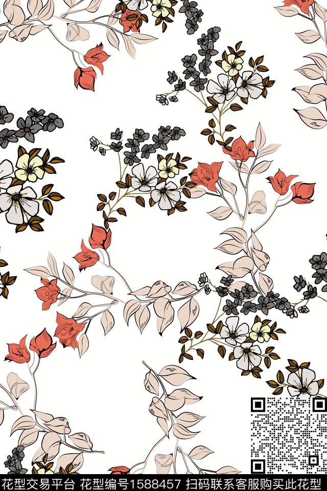 花卉水彩花卉白底花数码印花花型下载（图片编号: 1588457） - 瓦栏（Walan）