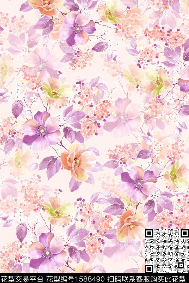 花卉水彩花卉影花数码印花花型下载（图片编号: 1588490） - 瓦栏（Walan）
