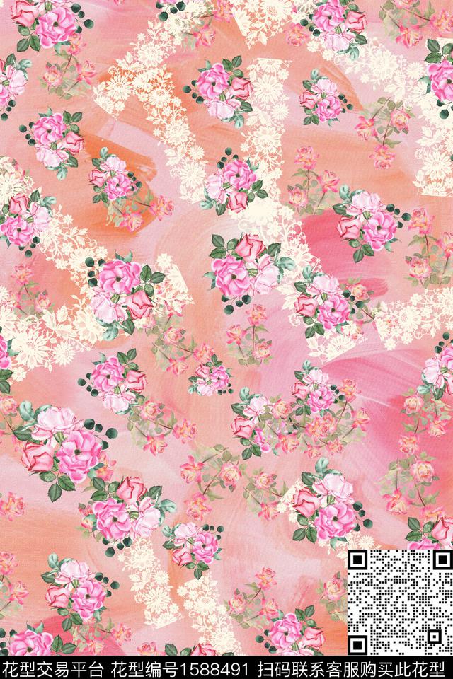 花卉水彩花卉蕾丝花边数码印花花型下载（图片编号: 1588491） - 瓦栏（Walan）