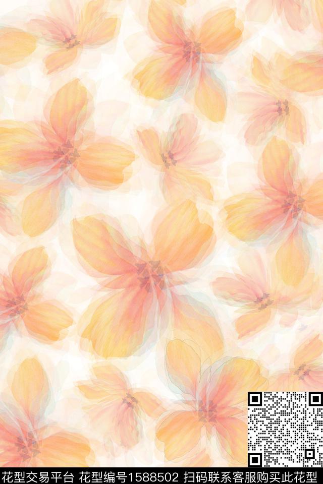 花卉模糊水彩花卉数码印花花型下载（图片编号: 1588502） - 瓦栏（Walan）