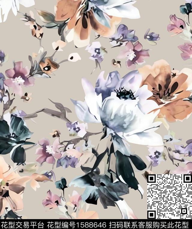 抽象花卉水彩数码印花花型下载（图片编号: 1588646） - 瓦栏（Walan）