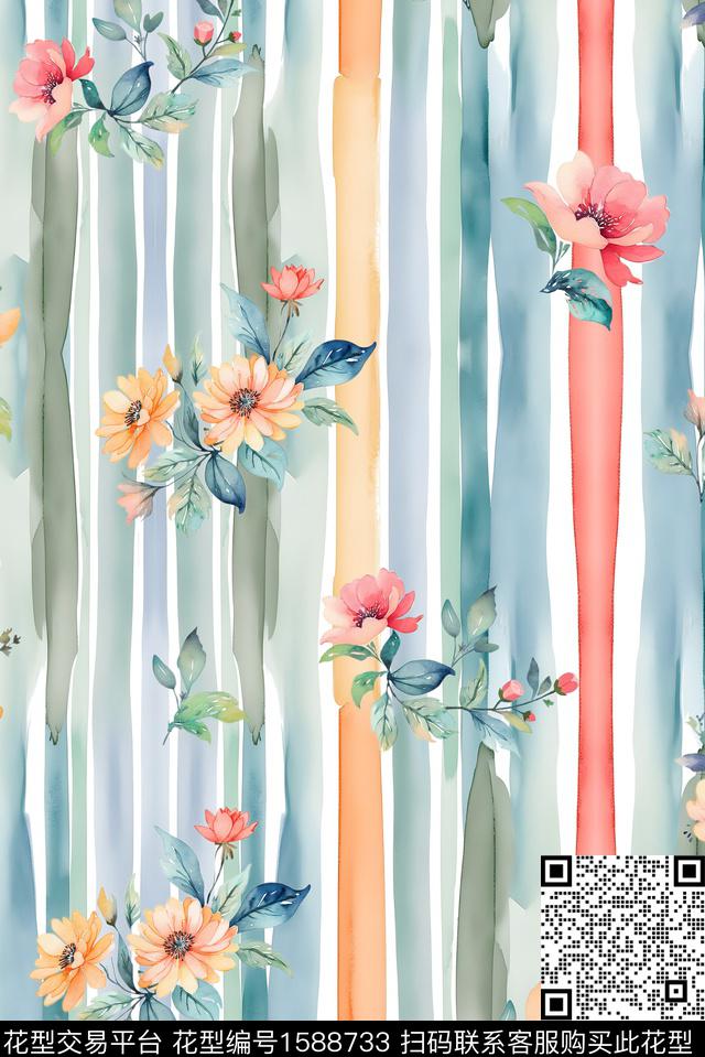 花卉水彩花卉水彩条纹数码印花花型下载（图片编号: 1588733） - 瓦栏（Walan）