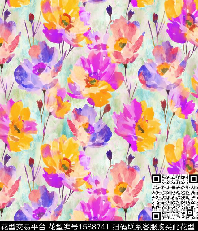花卉水彩花卉底纹数码印花花型下载（图片编号: 1588741） - 瓦栏（Walan）
