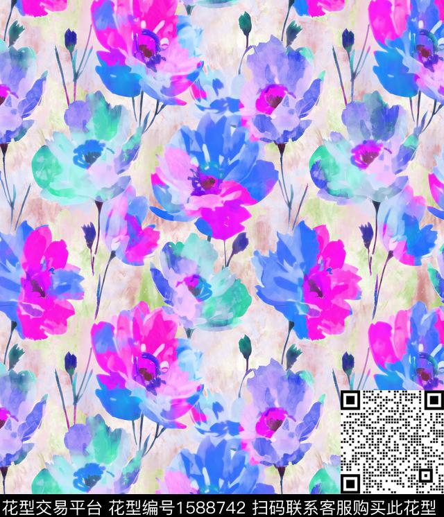 花卉大牌风手绘数码印花花型下载（图片编号: 1588742） - 瓦栏（Walan）