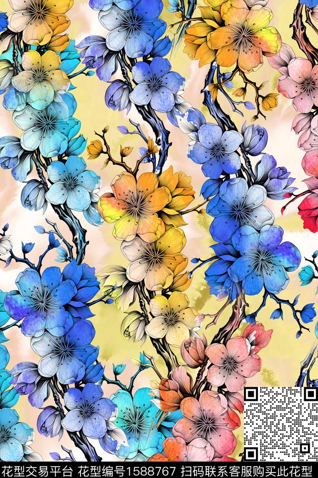花卉水彩花卉渐变数码印花花型下载（图片编号: 1588767） - 瓦栏（Walan）