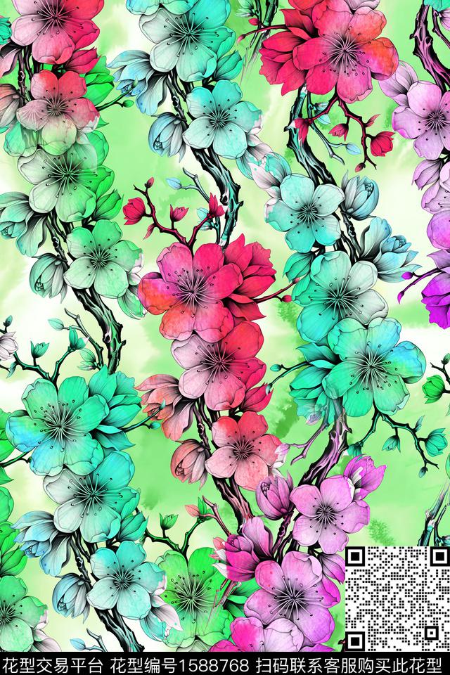 花卉大牌风手绘数码印花花型下载（图片编号: 1588768） - 瓦栏（Walan）