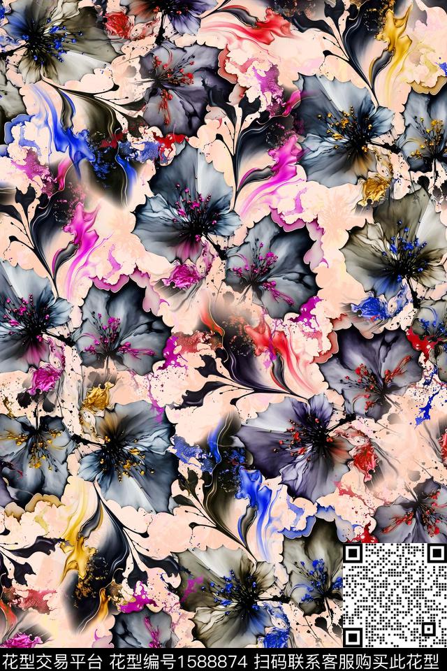 花卉水彩花卉渐变数码印花花型下载（图片编号: 1588874） - 瓦栏（Walan）