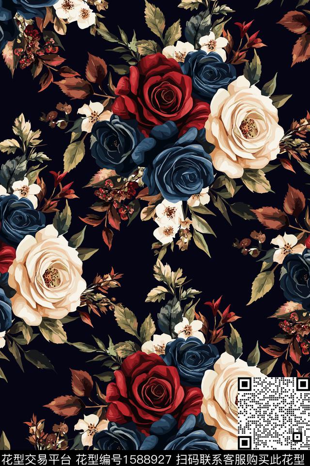 花卉女装黑底花卉数码印花花型下载（图片编号: 1588927） - 瓦栏（Walan）