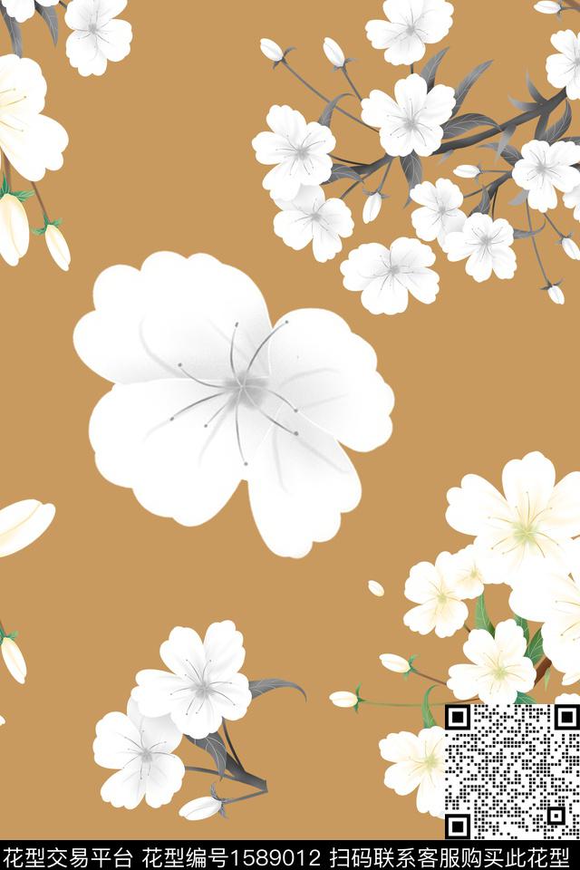 花卉清爽底花卉数码印花花型下载（图片编号: 1589012） - 瓦栏（Walan）