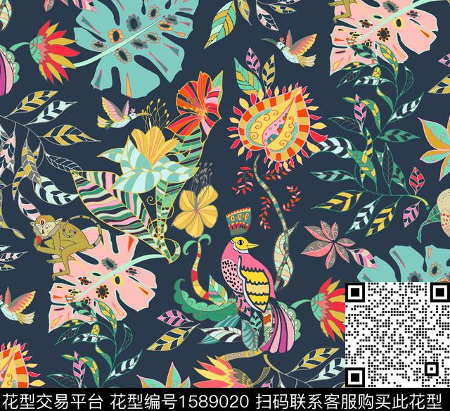 花卉鸟热带花型数码印花花型下载（图片编号: 1589020） - 瓦栏（Walan）