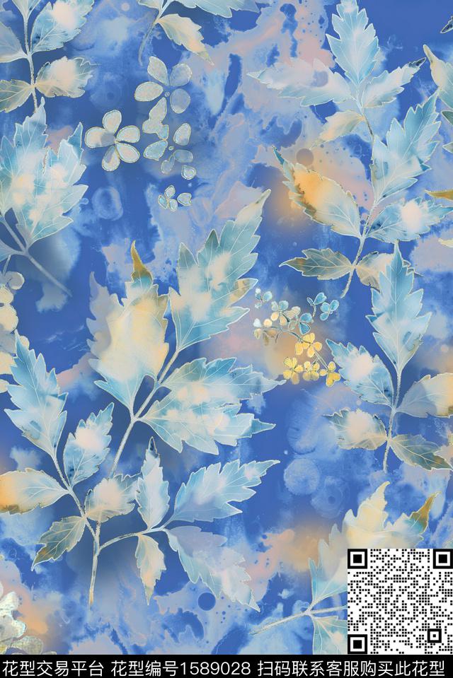 绿植树叶植物水彩数码印花花型下载（图片编号: 1589028） - 瓦栏（Walan）