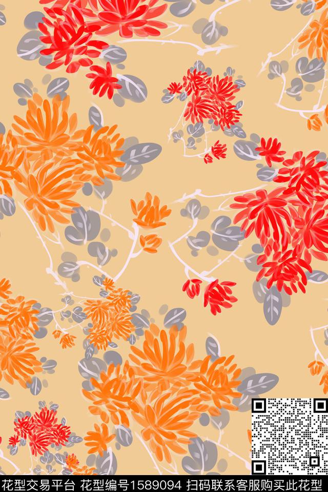 笔触水彩花卉手绘花卉传统印花花型下载（图片编号: 1589094） - 瓦栏（Walan）