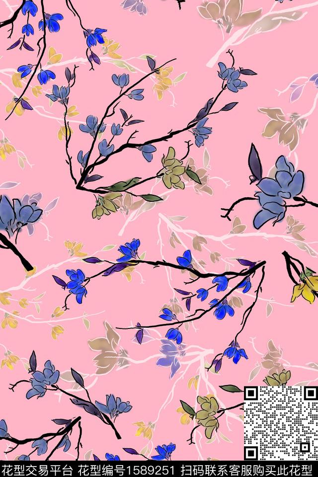 花卉枝条花水彩数码印花花型下载（图片编号: 1589251） - 瓦栏（Walan）