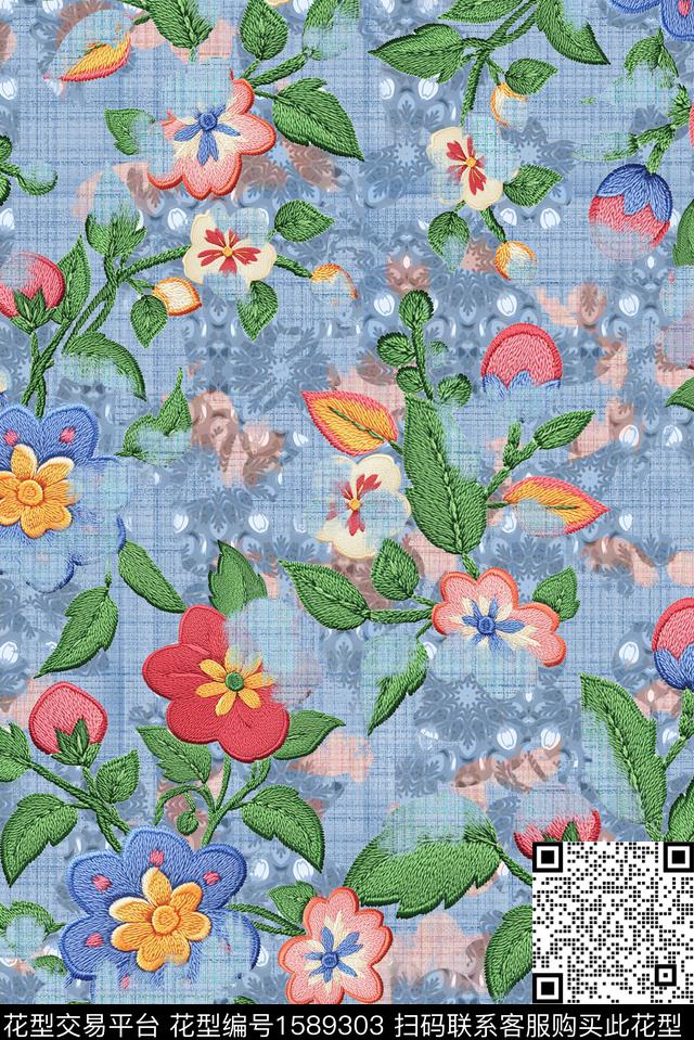 风格化花卉花卉复古纹理数码印花花型下载（图片编号: 1589303） - 瓦栏（Walan）