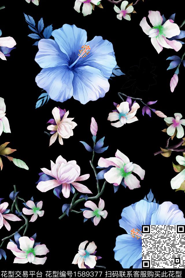 黑底花卉花卉数码印花花型下载（图片编号: 1589377） - 瓦栏（Walan）