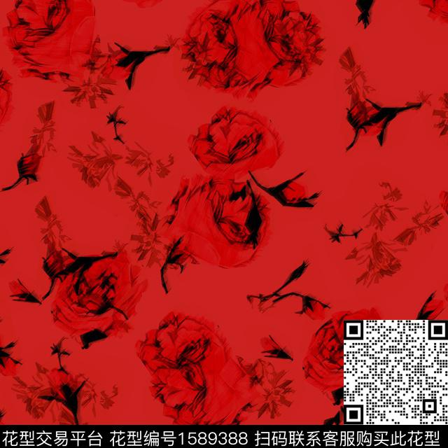 花卉红底模糊花卉数码印花花型下载（图片编号: 1589388） - 瓦栏（Walan）