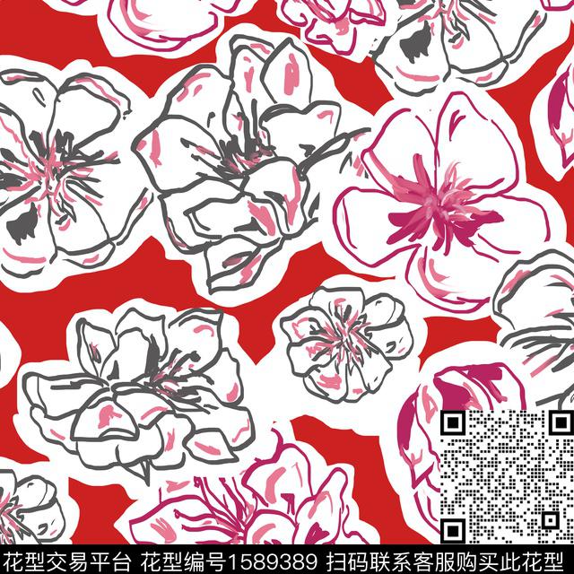 花卉线条花卉数码印花花型下载（图片编号: 1589389） - 瓦栏（Walan）