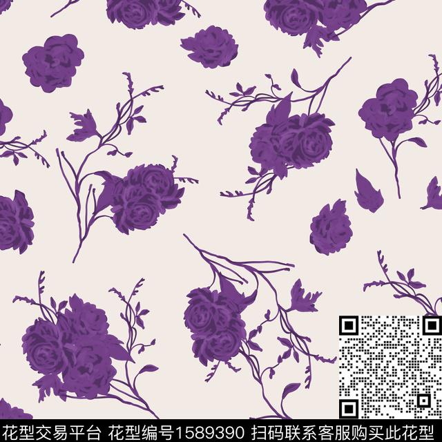 花卉清爽底花卉紫色花数码印花花型下载（图片编号: 1589390） - 瓦栏（Walan）