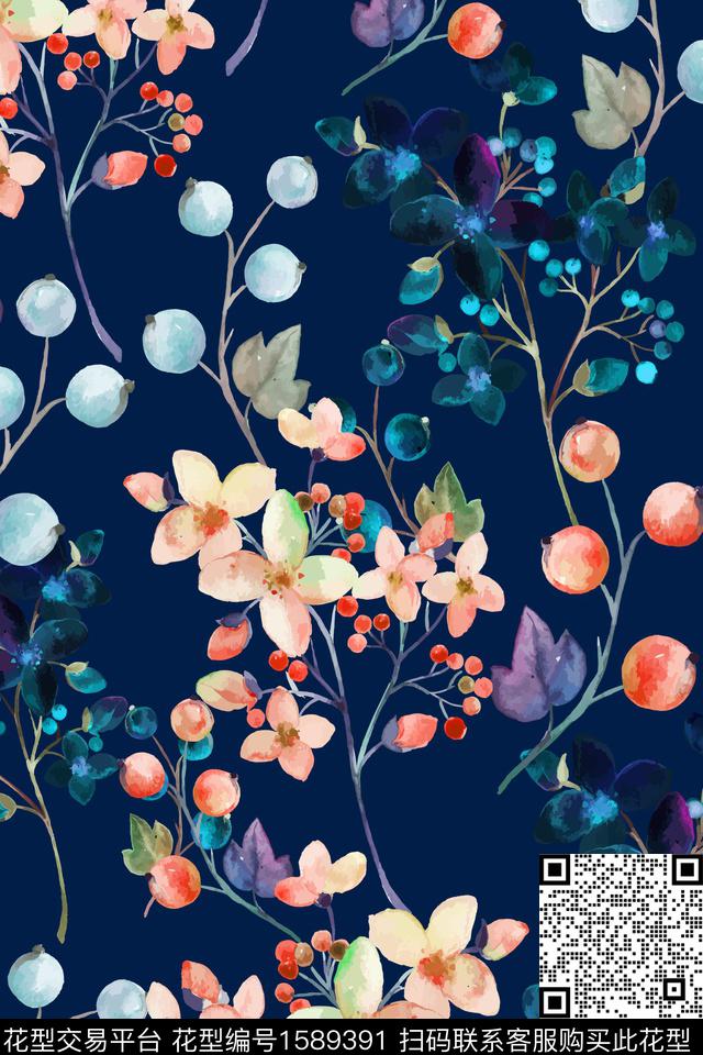 花卉果子深底花卉数码印花花型下载（图片编号: 1589391） - 瓦栏（Walan）