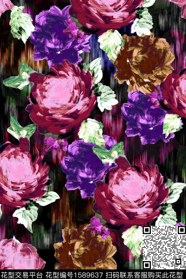 黑底花卉肌理油画花型数码印花花型下载（图片编号: 1589637） - 瓦栏（Walan）