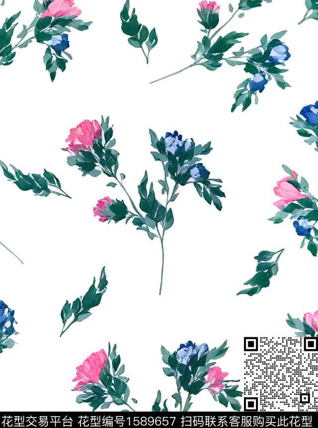 白底花花卉水彩花卉数码印花花型下载（图片编号: 1589657） - 瓦栏（Walan）