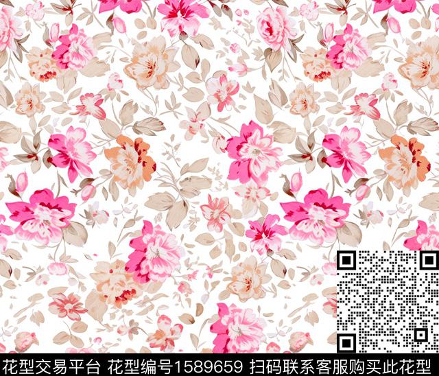 白底花花卉水彩花卉数码印花花型下载（图片编号: 1589659） - 瓦栏（Walan）