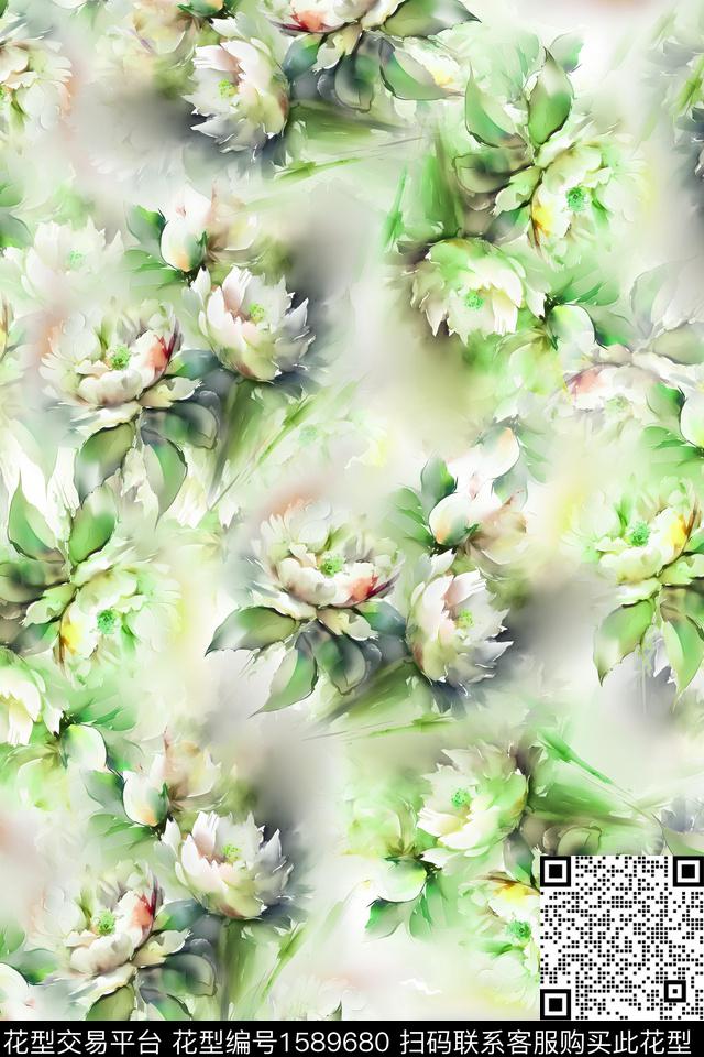 大牌风水彩手绘数码印花花型下载（图片编号: 1589680） - 瓦栏（Walan）