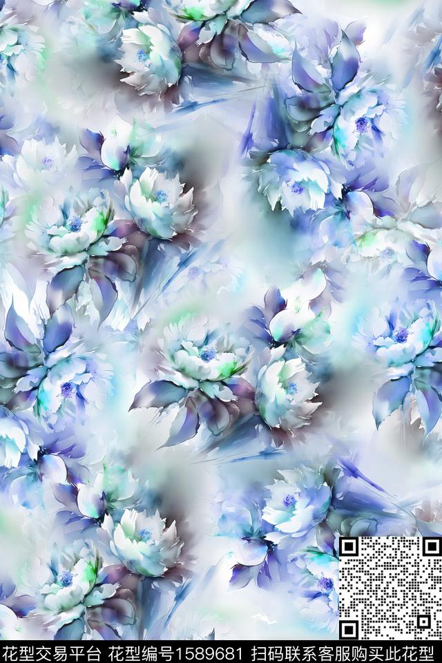 大牌风水彩手绘数码印花花型下载（图片编号: 1589681） - 瓦栏（Walan）