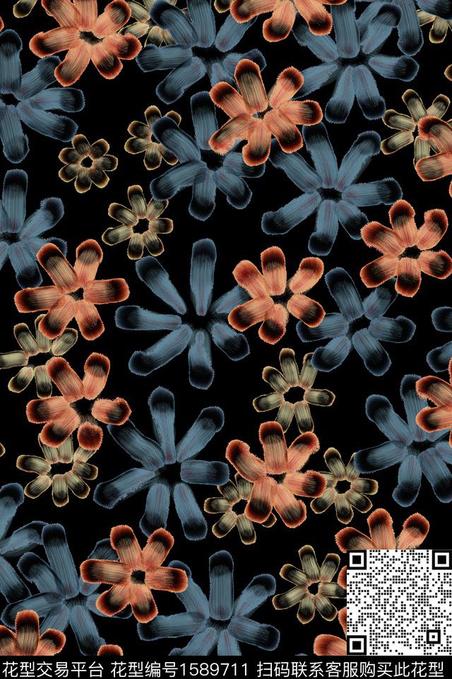 黑底花卉花卉小碎花数码印花花型下载（图片编号: 1589711） - 瓦栏（Walan）
