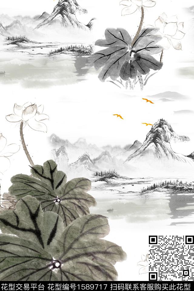 中国风荷花山川数码印花花型下载（图片编号: 1589717） - 瓦栏（Walan）