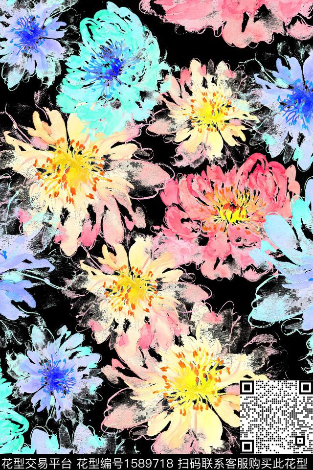 黑底花卉抽象花卉花卉数码印花花型下载（图片编号: 1589718） - 瓦栏（Walan）