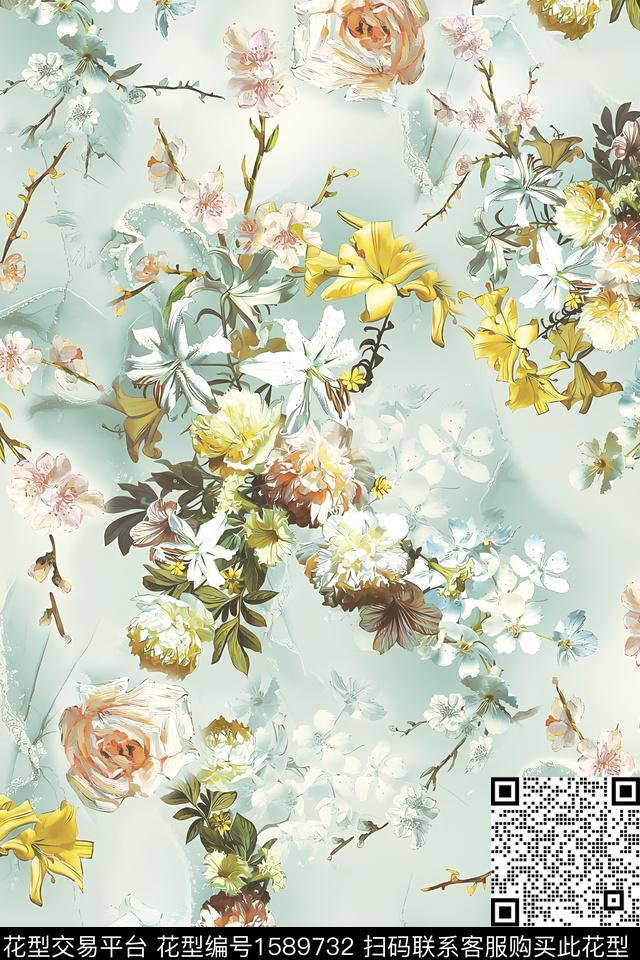 玫瑰花水彩手绘数码印花花型下载（图片编号: 1589732） - 瓦栏（Walan）