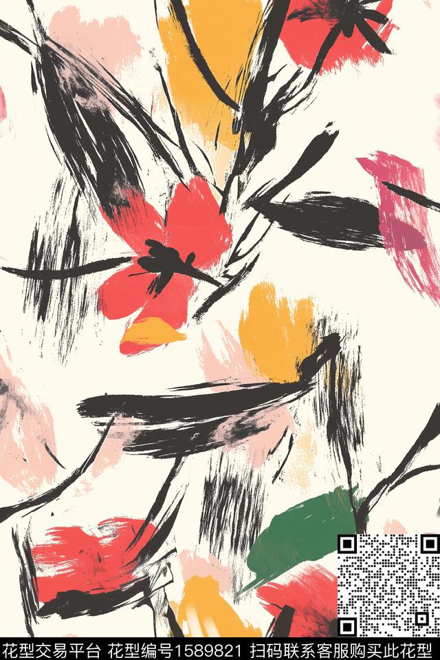 抽象花卉花卉笔触数码印花花型下载（图片编号: 1589821） - 瓦栏（Walan）