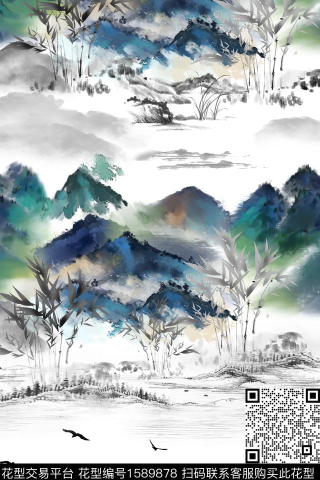 山水水墨风中国风数码印花花型下载（图片编号: 1589878） - 瓦栏（Walan）