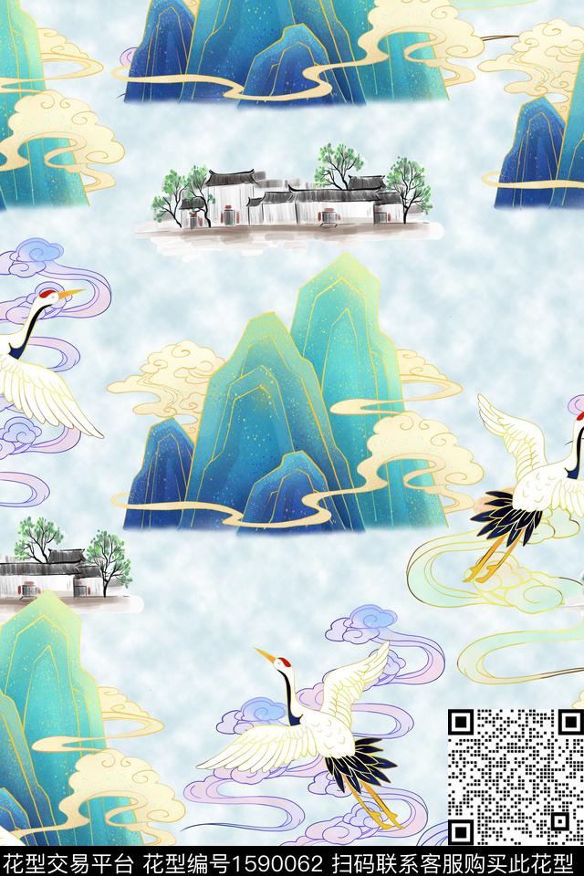仙鹤国画中国风数码印花花型下载（图片编号: 1590062） - 瓦栏（Walan）