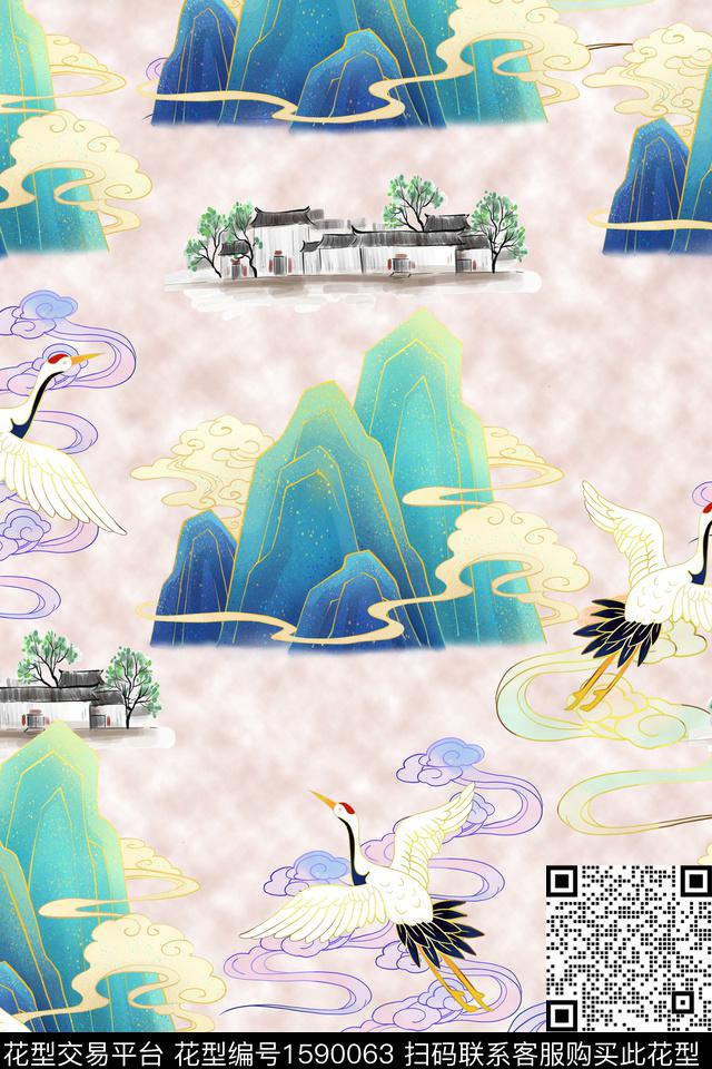 仙鹤国画国风数码印花花型下载（图片编号: 1590063） - 瓦栏（Walan）